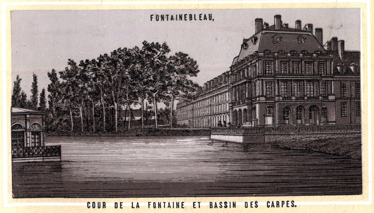 Cour de la Fontaine et Basin des carpes de Fontainebleau (सीन और मार्ने, इले-डी-फ्रांस क्षेत्र, फ्रांस)। 19 वीं शताब्दी के उत्तरार्ध की क्रोमोलिथोग्राफी। द्वारा अज्ञात कलाकार
