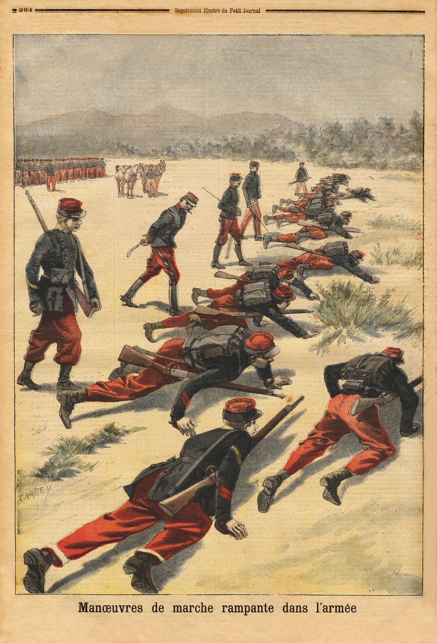 सेना में रेंगते हुए युद्धाभ्यास, हाथों की हथेली की रक्षा करने वाले नए टैम्पोन कंगन के साथ प्रयोग। "" ले पेटिट जर्नल "" 16/08/1896 में उत्कीर्णन। सेल्वा का संग्रह। द्वारा अज्ञात कलाकार