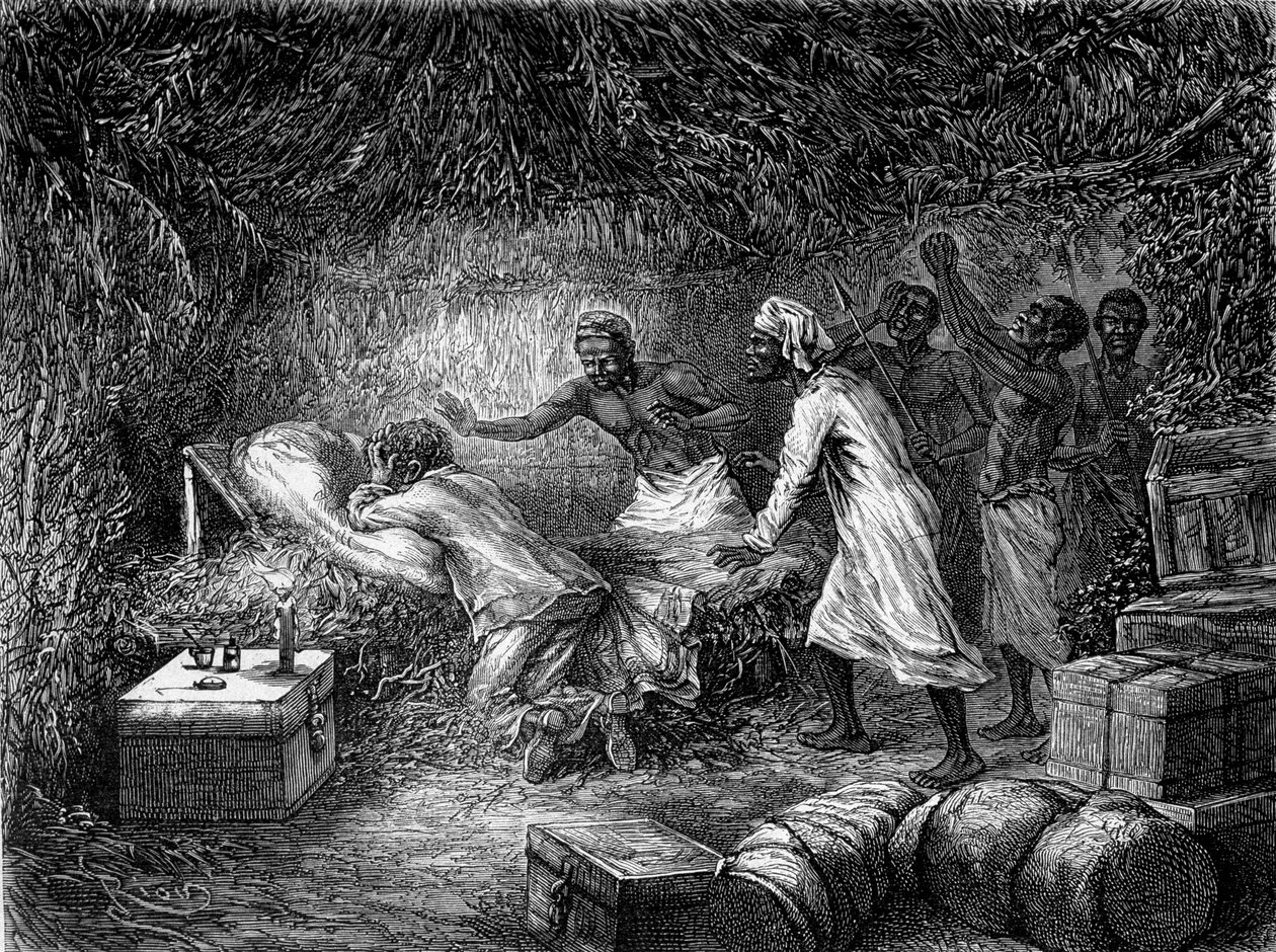 डेविड लिविंगस्टोन की 1873 में त्चिटाम्बो गांव में पेचिश से मृत्यु हो गई - ""लिविंगस्टोन की अंतिम यात्रा 1866-1873"""टूर डू मोंडे"", दूसरे सेम में। १८७५ द्वारा अज्ञात कलाकार
