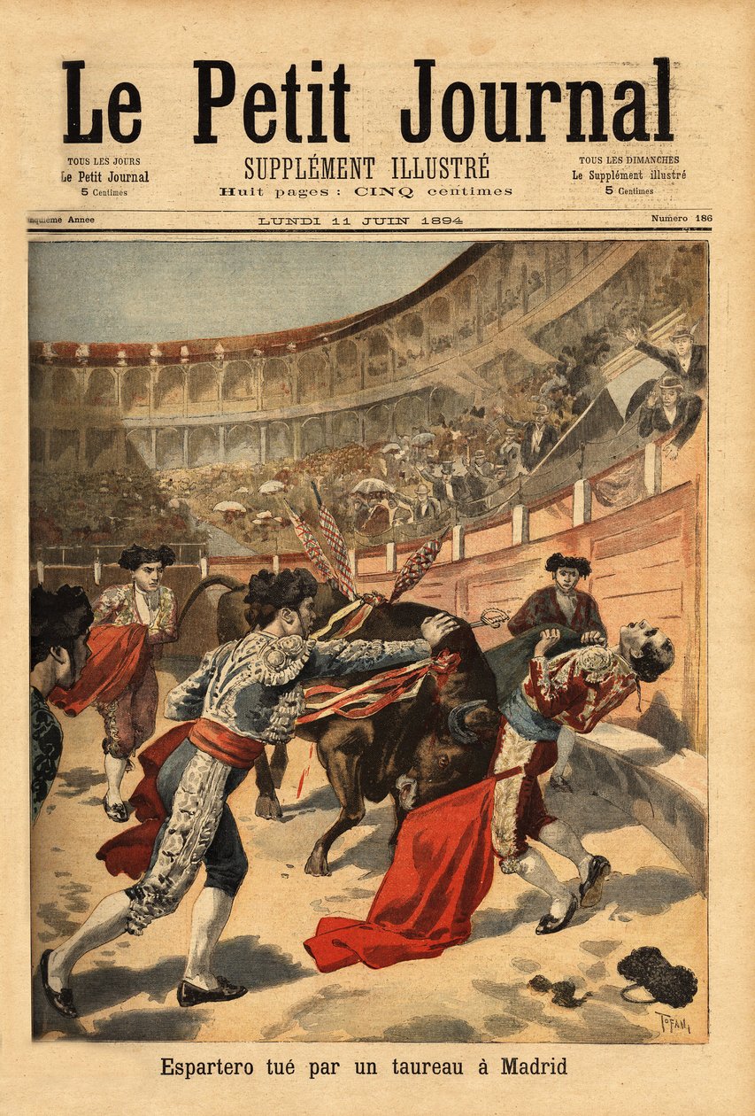 स्पैनिश मैटाडोर मैनुअल गार्सिया डिट एस्पार्टेरो (1865-1894) की मौत, मैड्रिड के मैदानों में, बैल के एक एस्टोकेड द्वारा। "" ले पेटिट जर्नल "" 2/07/1894 में उत्कीर्णन। सेल्वा का संग्रह। द्वारा अज्ञात कलाकार
