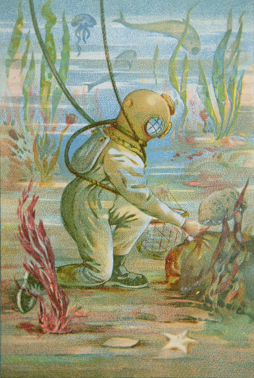 डीप सी डाइवर, c.1890 (कलर लिथो) द्वारा अज्ञात कलाकार