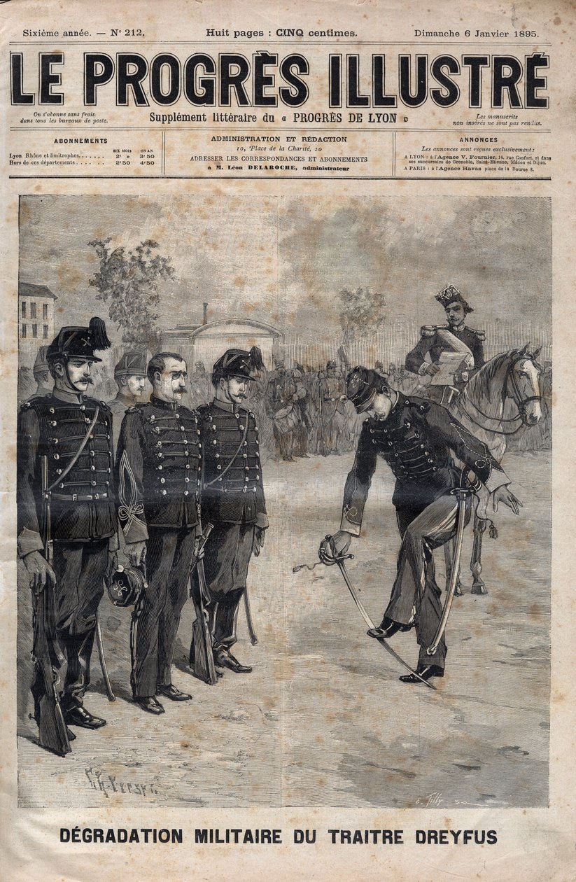 अल्फ्रेड ड्रेफस का अवक्रमण - ड्रेफस मामला: सैन्य स्कूल, पेरिस के प्रांगण में अल्फ्रेड ड्रेफस का क्षरण, ५ जनवरी १८९५ - १८९५ की "शानदार प्रगति" में उत्कीर्णन - द्वारा अज्ञात कलाकार