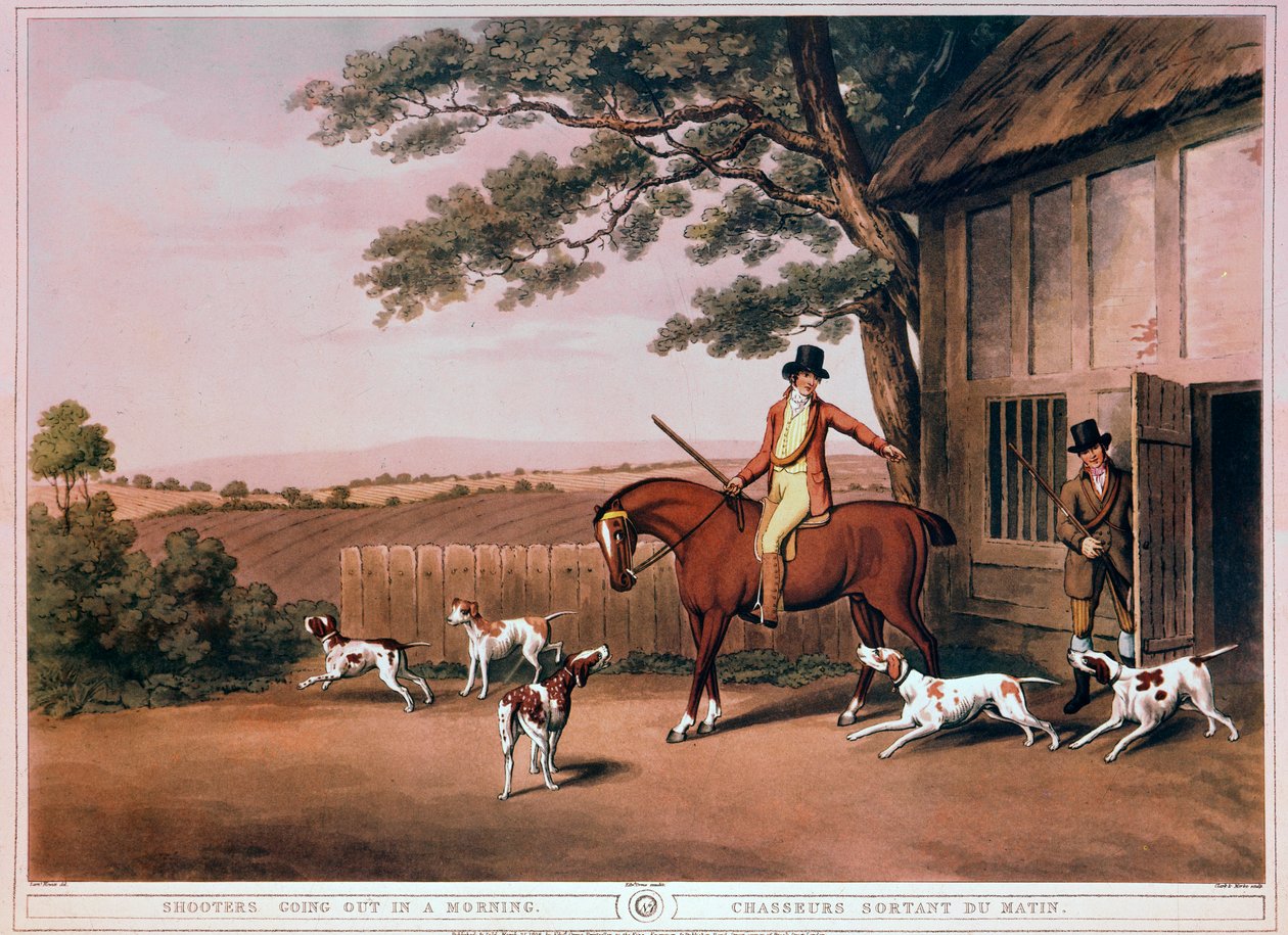 इंग्लैंड में एक शिकारी और उसके कुत्तों के शिकार के लिए सुबह-सुबह प्रस्थान किया। 19वीं सदी की नक्काशी। जीन, शिकार संग्रहालय द्वारा अज्ञात कलाकार