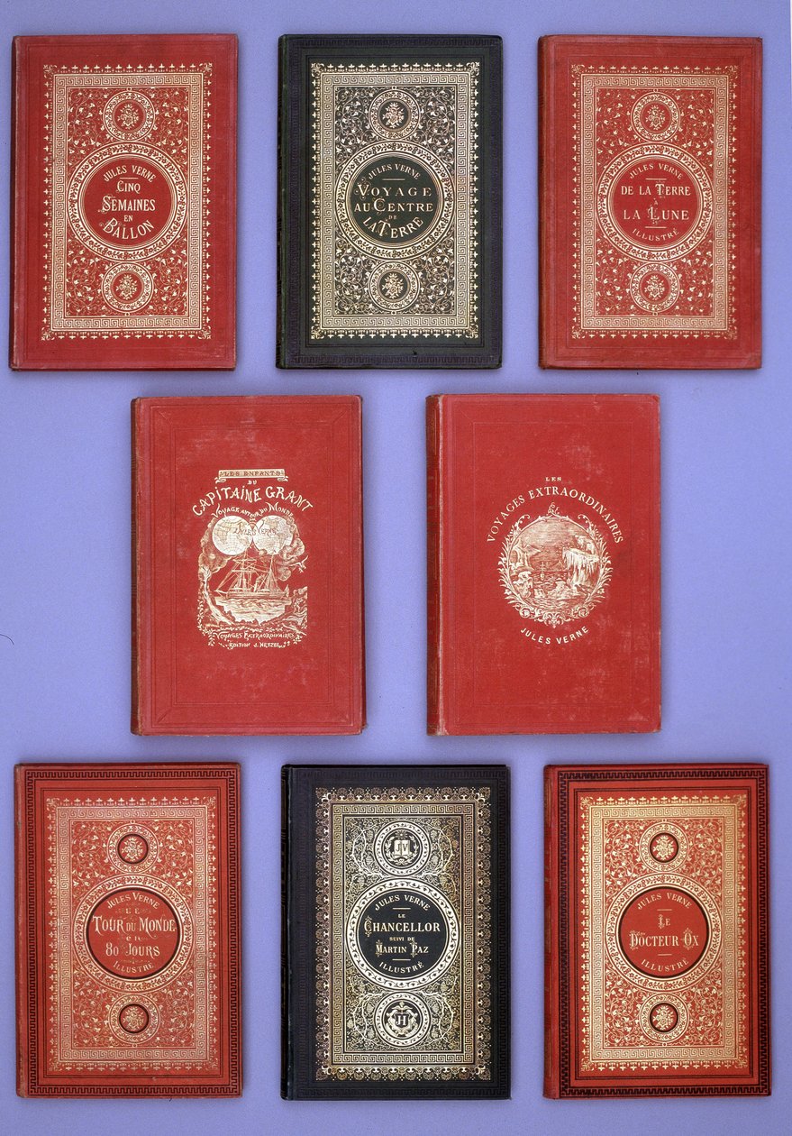 हेट्ज़ेल संस्करणों में प्रकाशित जूल्स वर्ने की पुस्तकों के विभिन्न कवर। वर्ने पुस्तकालय संग्रह। पेरिस। द्वारा अज्ञात कलाकार
