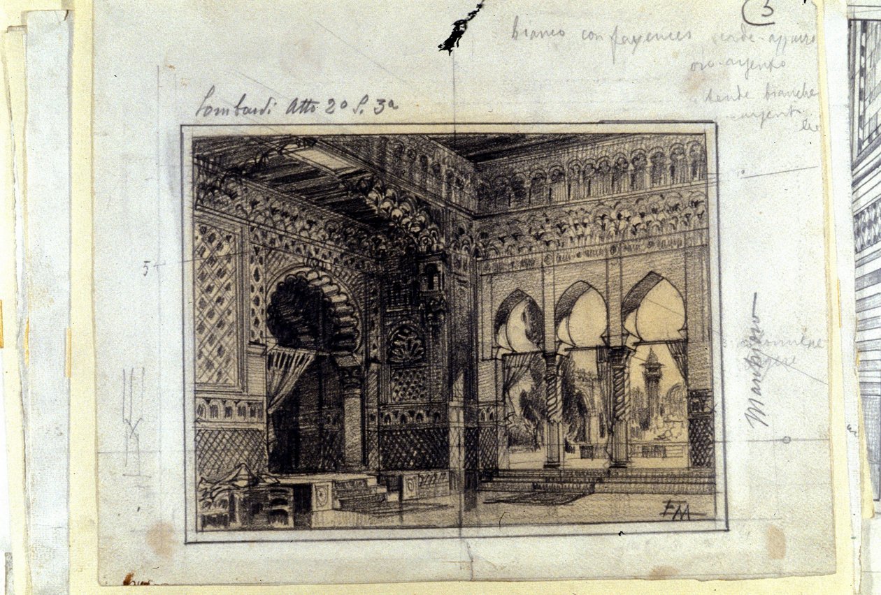 1843 में ग्यूसेप वर्डी (1813 - 1901) द्वारा रचित ओपेरा "" आई लोम्बार्डी "" या "" द लोम्बार्ड्स एट द फर्स्ट क्रूसेड "" के अधिनियम II के दृश्य 3 के दृश्यों के लिए चित्रण। द्वारा अज्ञात कलाकार
