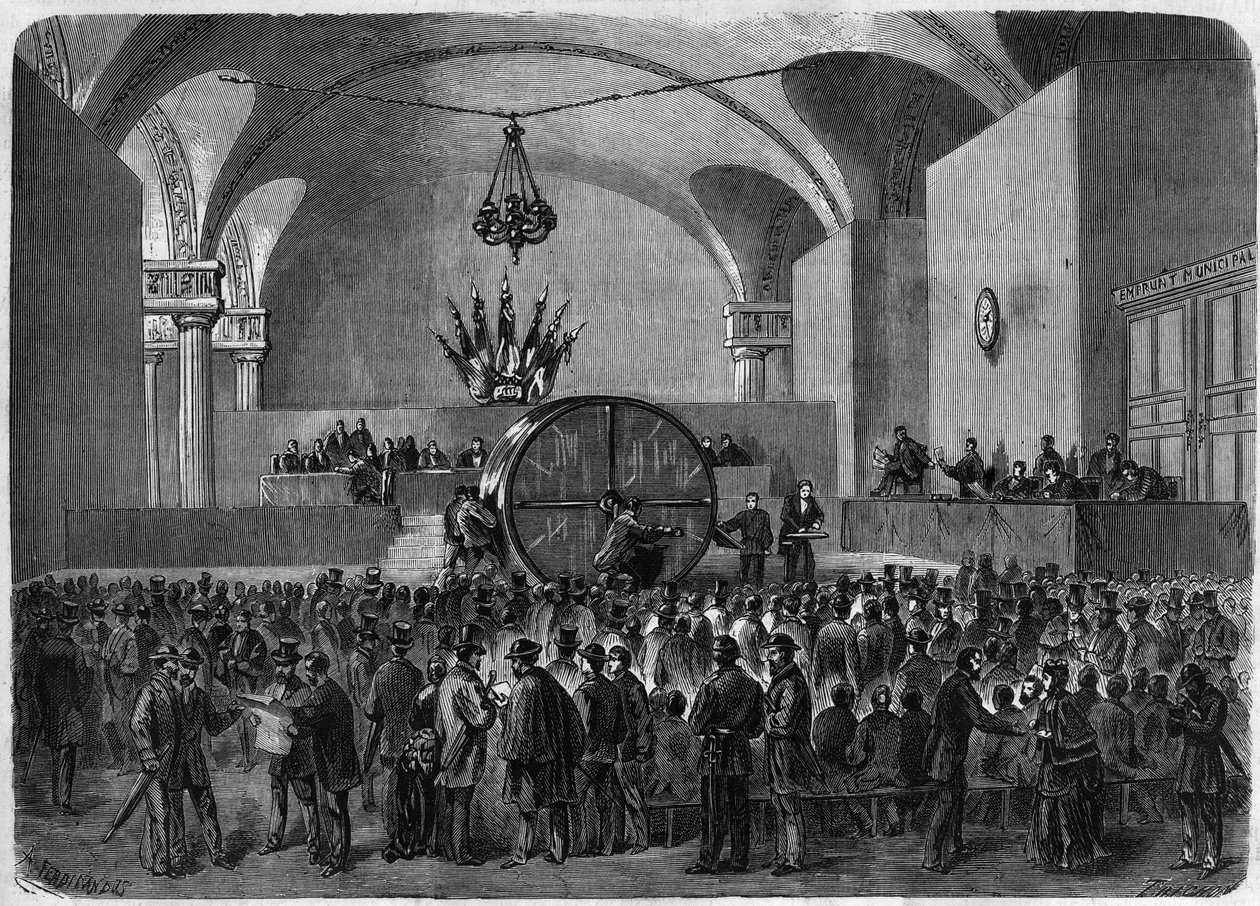 1855 और 1866 में पेरिस शहर द्वारा अनुबंधित दो ऋणों से संबंधित बांडों के लिए लॉट का आहरण। Hotel de Ville de Paris, 2 फरवरी द्वारा अज्ञात कलाकार