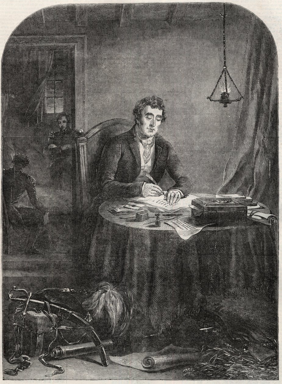ड्यूक ऑफ वेलिंगटन (आर्थर वेलेस्ली (1769-1852) ड्यूक ऑफ वेलिंगटन) वाटरलू के बाद लेखन प्रेषण, 19 जून 1815 - उत्कीर्णन 1852 द्वारा अज्ञात कलाकार