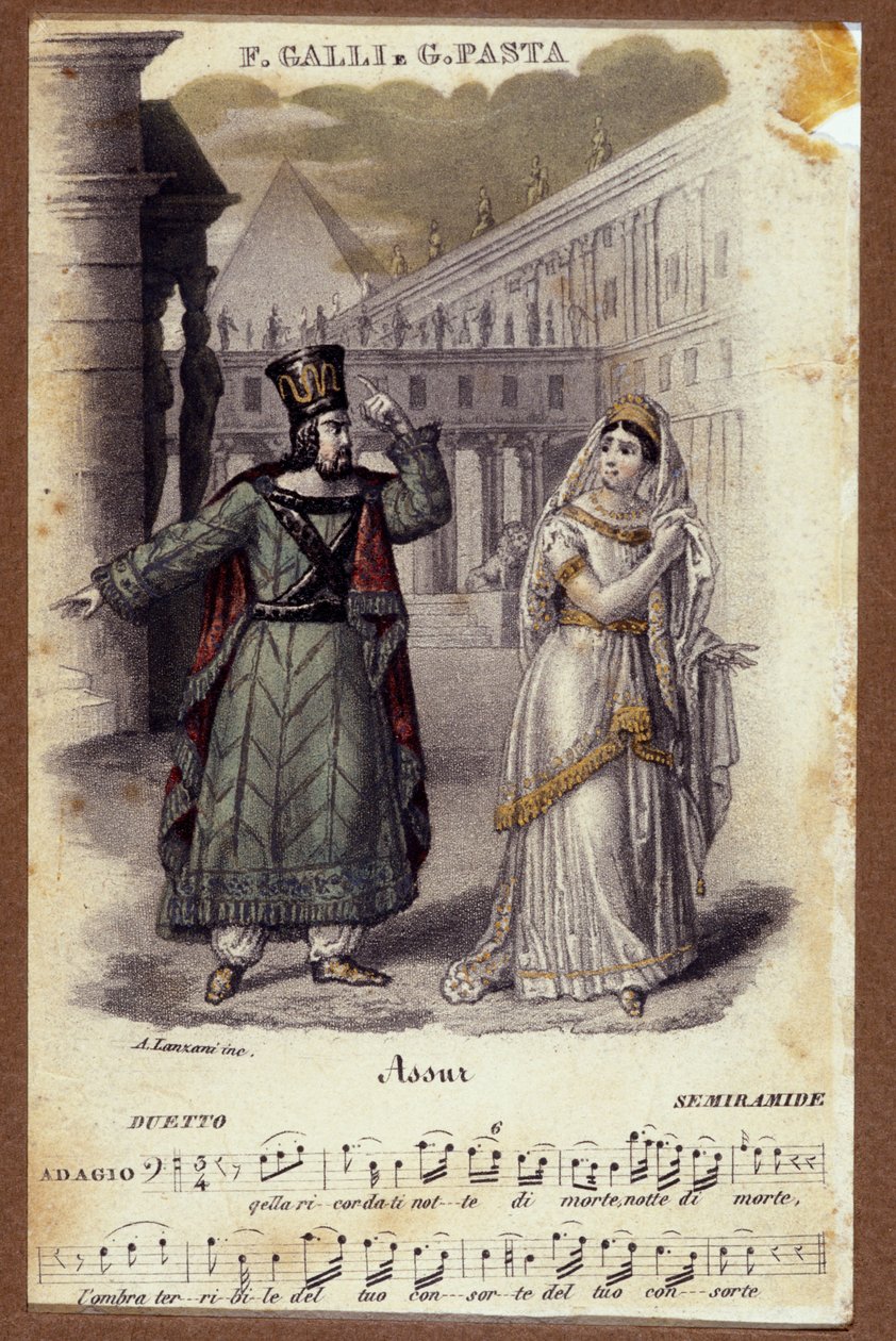 गियोआचिनो रॉसिनी (1792-1868) द्वारा ओपेरा "सेमिरामाइड" "(सेमीरामिस) में गिउडिट्टा पास्ता और फिलिपो गैली के बीच की जोड़ी द्वारा अज्ञात कलाकार