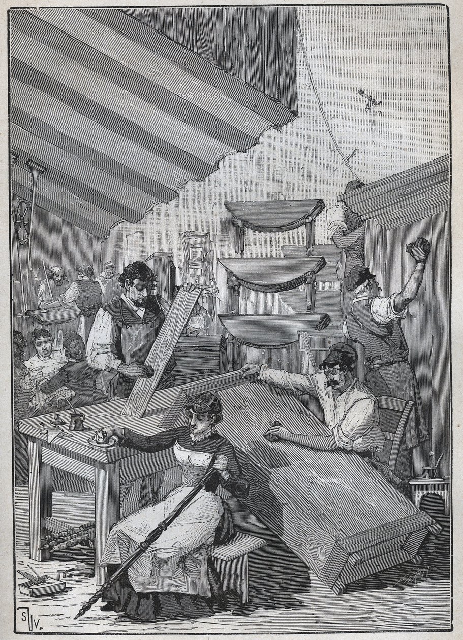 एबेनिस्टरी: स्टैम्प वार्निशिंग वर्कशॉप। एडोल्फ बिटार्ड द्वारा 1885 से "लेस आर्ट्स एट मेटियर्स इलस्ट्रेस" में उत्कीर्णन। द्वारा अज्ञात कलाकार