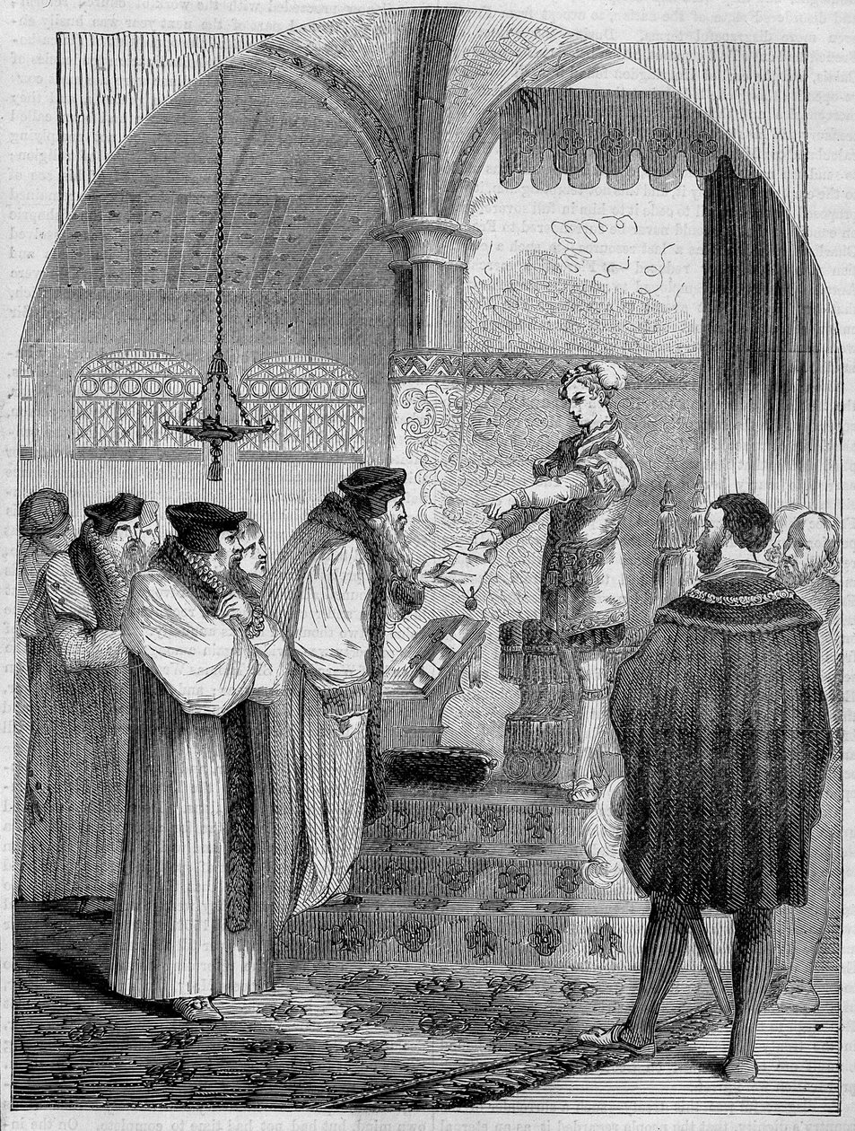 एडवर्ड VI (1547 -1553), इंग्लैंड के राजा, आर्कबिशप क्रैनमर के लिए जोन बोचर का प्रमाण पत्र प्रस्तुत करते हुए द्वारा अज्ञात कलाकार