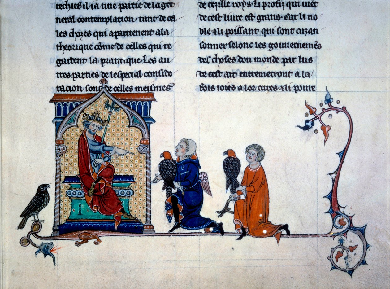 सम्राट फ्रेडरिक II (1194-1250) "पक्षियों के साथ शिकार की कला" से लघु बाज़ प्राप्त करते हुए द्वारा अज्ञात कलाकार