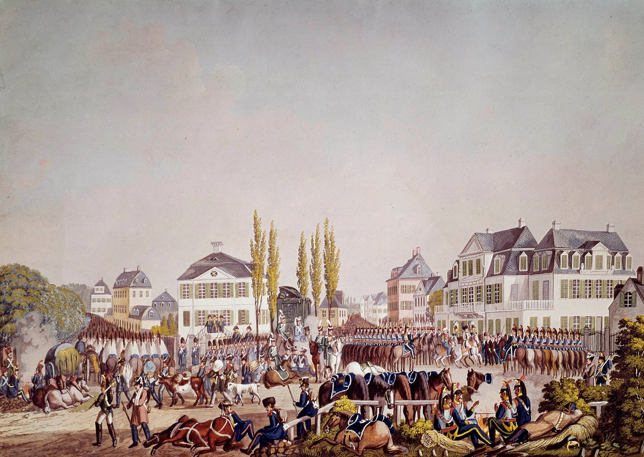 सम्राट नेपोलियन I (1769-1821) फ्रैंकफर्ट में सैनिकों की समीक्षा करता है। 1813 से उत्कीर्णन। फ्रैंकफर्ट, ऐतिहासिक संग्रहालय द्वारा अज्ञात कलाकार