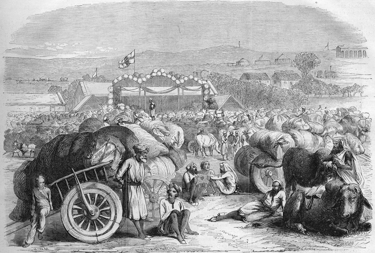 अंग्रेजी भारत 1872: खानगांव का कपास बाजार। द्वारा अज्ञात कलाकार