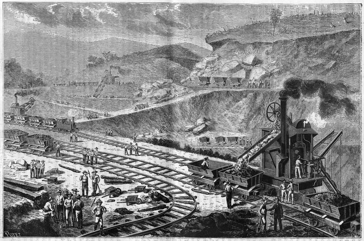 पनामा के इस्तमुस में ड्रिलिंग का काम दिखाते हुए 1885 से उत्कीर्णन। एम्परडोर के शिपयार्ड पर हुए एक हमले का दृश्य। द्वारा अज्ञात कलाकार