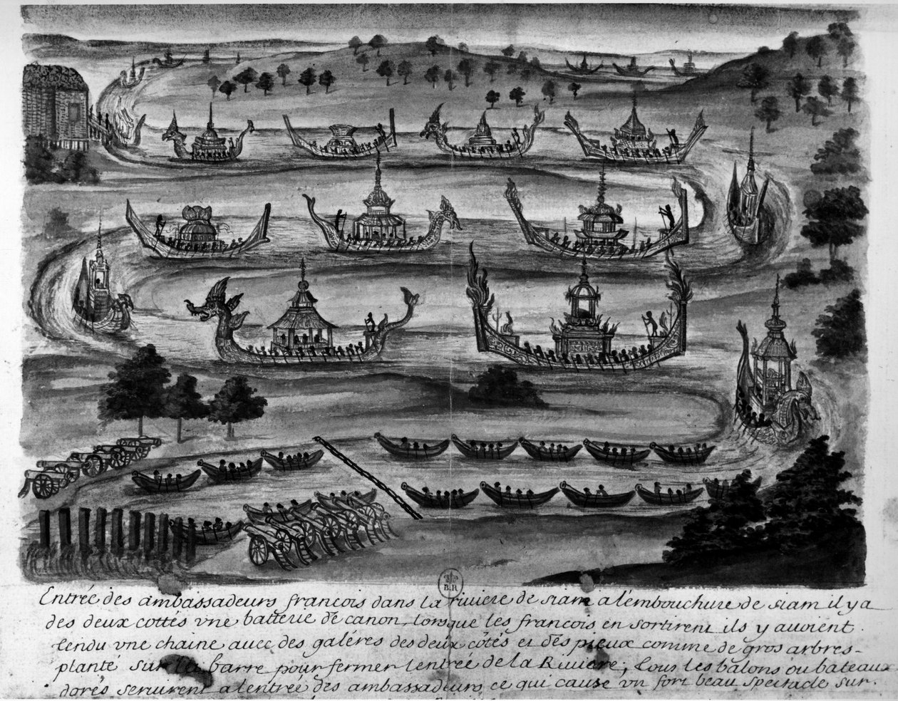 सियाम नदी में फ्रांसीसी राजदूतों का प्रवेश - "" सियाम के राज्य की यात्राएं, 1688 का इतिहास ""। द्वारा अज्ञात कलाकार