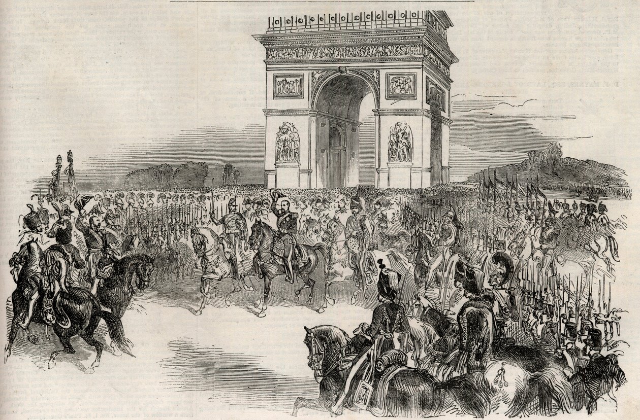 2 दिसंबर 1852 को आर्क डी ट्रायम्फ के माध्यम से पेरिस में नेपोलियन III का प्रवेश, उत्कीर्णन - L'empereur des francais नेपोलियन III (1808-1873) 2/12/1852 को पेरिस में प्रवेश - द्वारा अज्ञात कलाकार