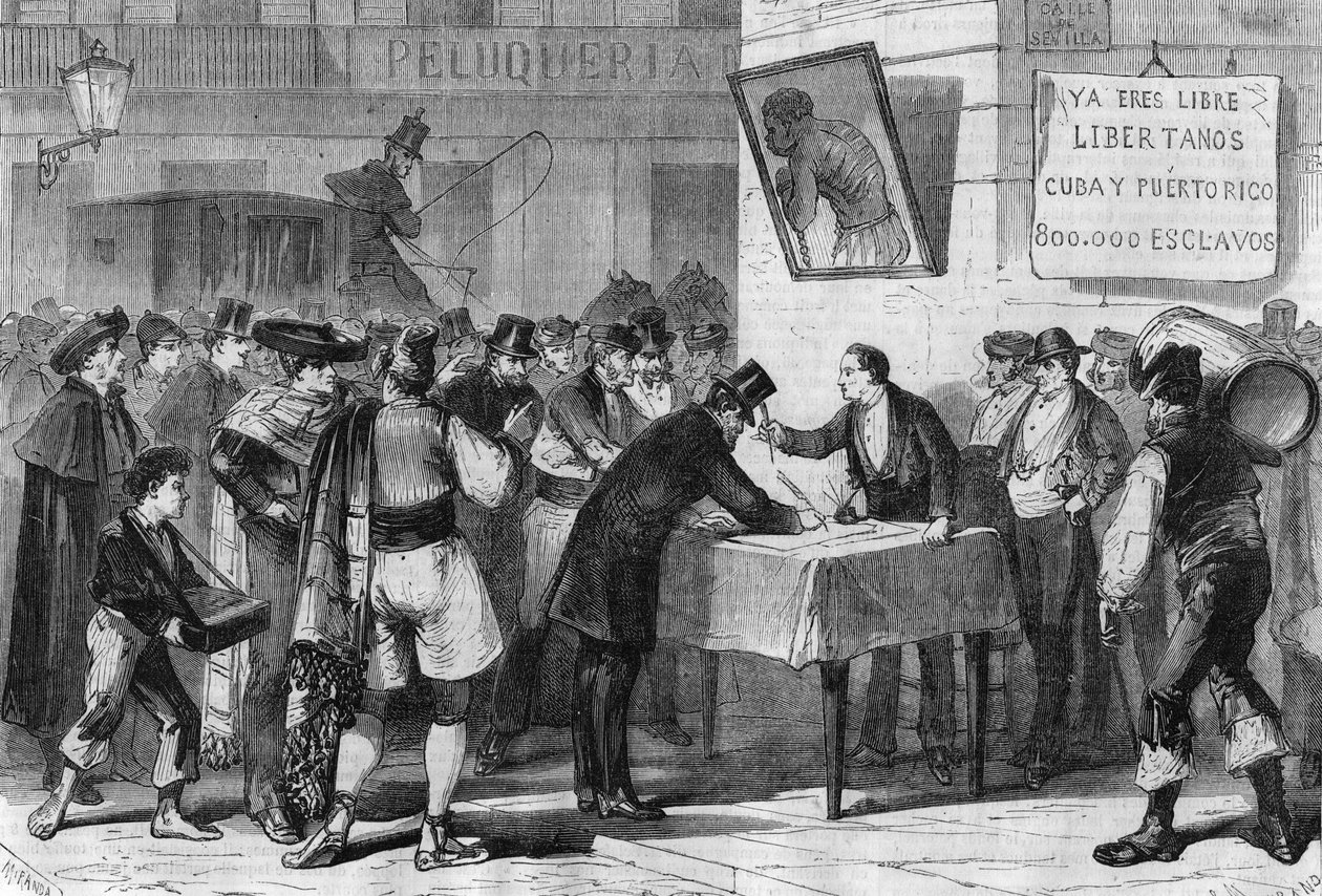 1885 में स्पेन में घटनाएँ: क्यूबा और प्यूर्टो रिको से दासों की खरीद के लिए मैड्रिड की सार्वजनिक सदस्यता। द्वारा अज्ञात कलाकार