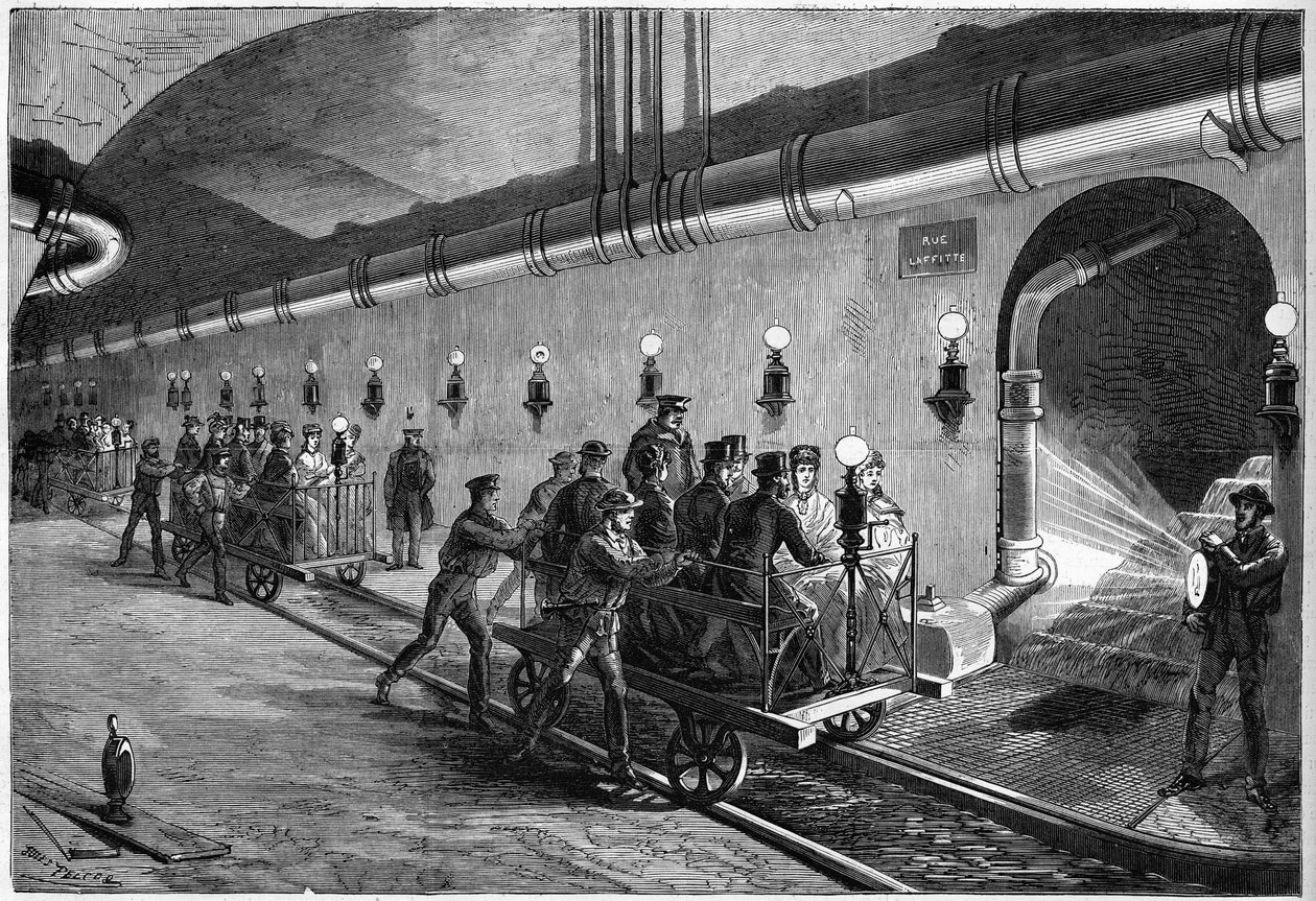 1872 में पेरिस के सीवरों में भ्रमण। द्वारा अज्ञात कलाकार