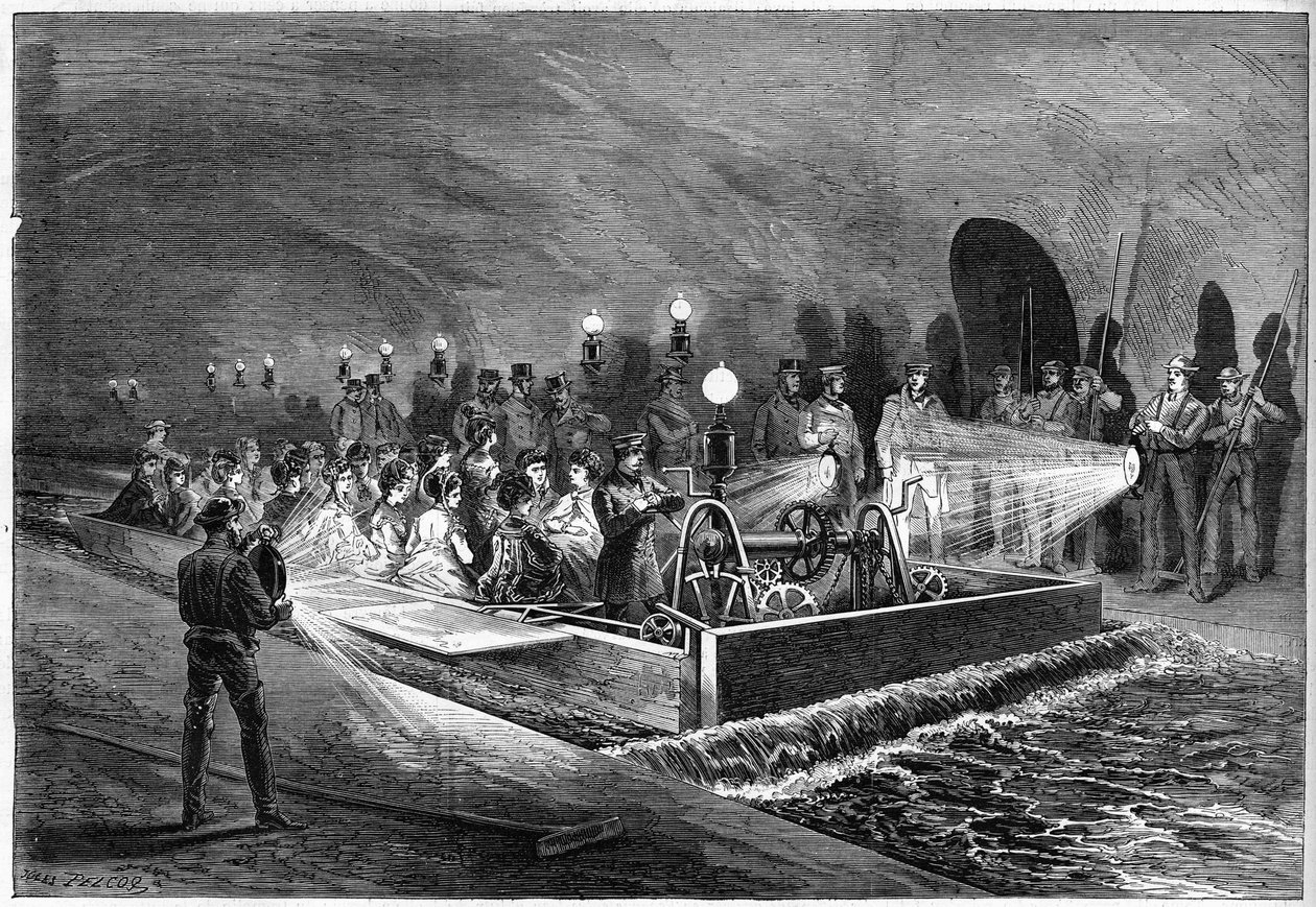 1872 में पेरिस के सीवरों में भ्रमण। द्वारा अज्ञात कलाकार