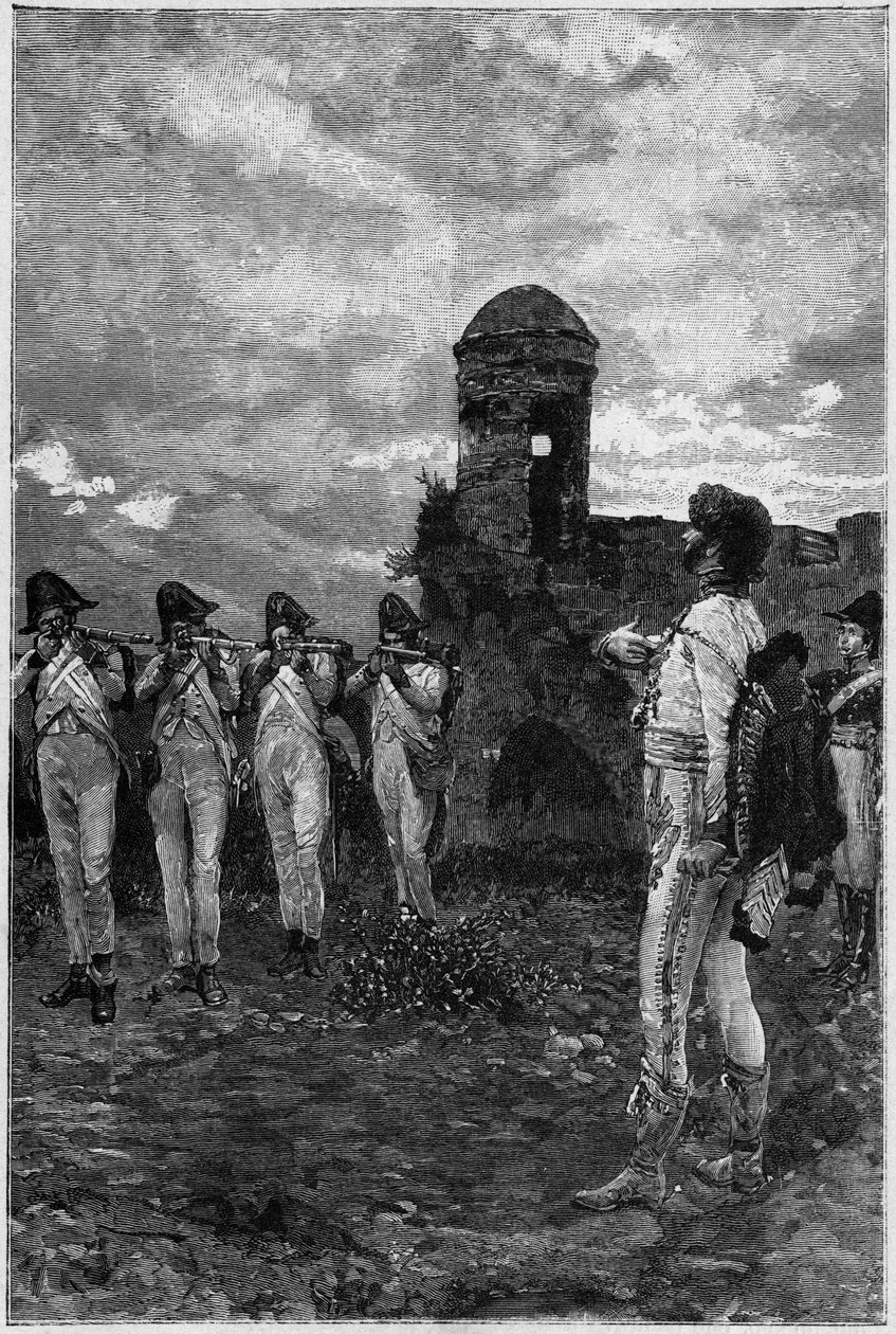 1815 में जोआचिम मूरत (1767-1815), फ्रांस के मारेचल और नेपल्स के राजा का निष्पादन। द्वारा अज्ञात कलाकार
