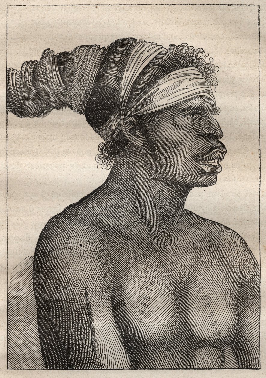 1791 में जीन फ्रेंकोइस गैलाउप डी ला पेरोस (1741-1788) की तलाश में एंटोनी ब्रूनी (ब्रूनी) डी'एंट्रेकास्टो (1737-1793) का अभियान: न्यू हॉलैंड (ऑस्ट्रेलिया) का प्रकार (हाथ और छाती पर निशान) - चित्रण लिया गया "" द ग्रैंड्स मेरिनर्स ऑफ़ थे से द्वारा अज्ञात कलाकार