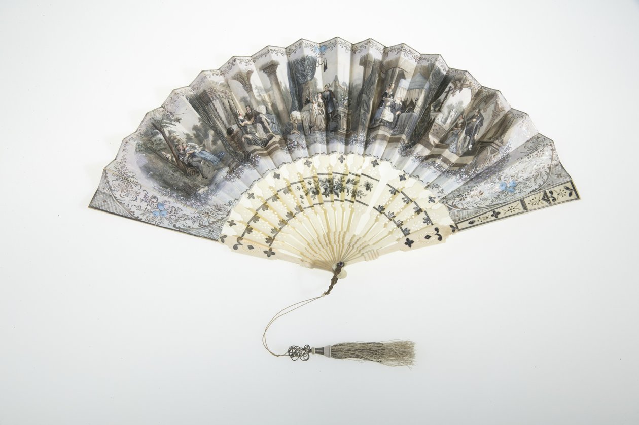पंखा, c.1850, चित्रित कागज, हड्डी, चांदी, और रेशम-और-धात्विक-धागा लटकन, निर्माता अज्ञात द्वारा अज्ञात कलाकार