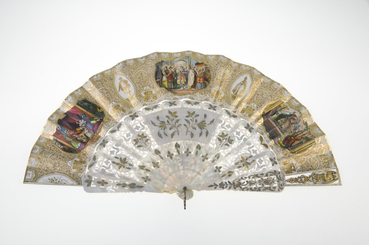 पंखा, c.1860, मुद्रित और चित्रित कागज, मोती, सोना, चांदी और तांबे की धातु, और दर्पण, निर्माता अज्ञात द्वारा अज्ञात कलाकार