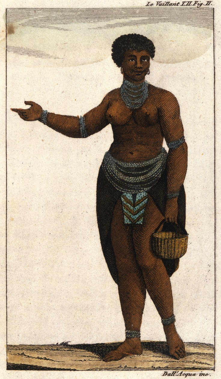 दक्षिण अफ़्रीकी जनजाति हॉटनटॉट्स की महिला सदस्य, 1820 की उत्कीर्णन। द्वारा अज्ञात कलाकार