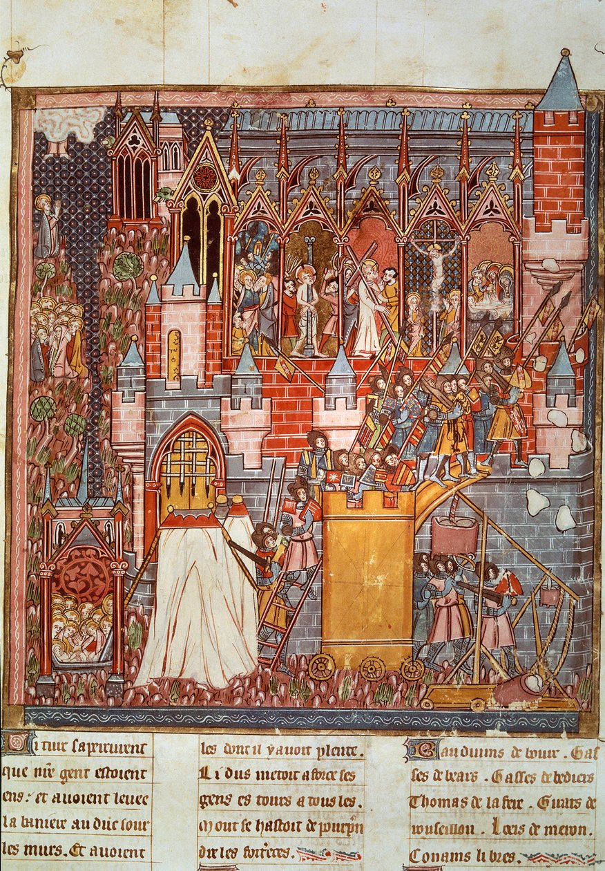 पहला धर्मयुद्ध: 1099 में गोडेफ्रॉय डी बौइलन (1058-1100) के नेतृत्व में क्रॉसिंग द्वारा यरूशलेम की घेराबंदी और कब्जा। "क्रॉनिकल्स डी'ओवरसीज" से लघु 14 वीं शताब्दी पेरिस, बीएन द्वारा अज्ञात कलाकार