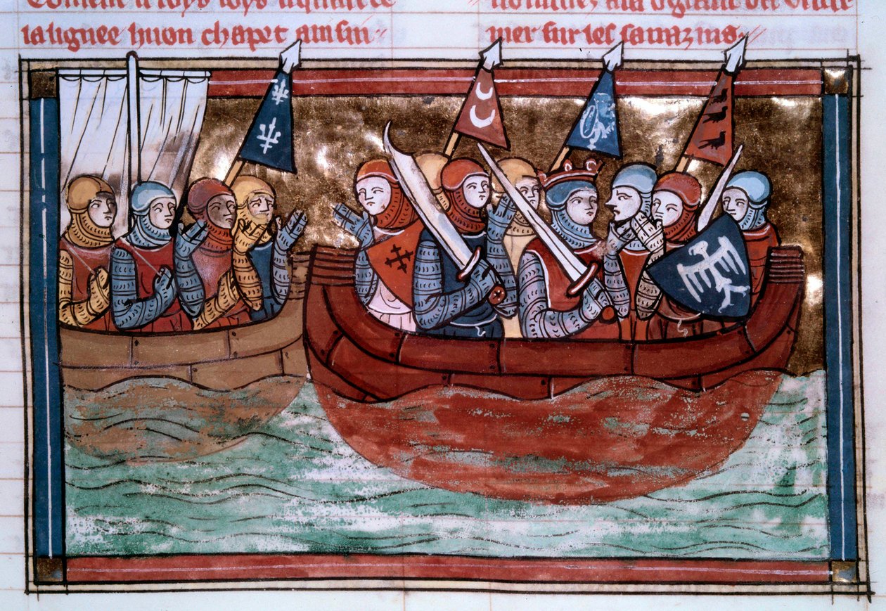 पहला धर्मयुद्ध: गोडेफ्रोई डी बौइलन (1060-1100) और पवित्र भूमि की ओर जाने वाले क्रॉसिंग। "" रोमन डी गोडेफ्रॉय डी बोउलॉन एट डी सलादीन "" से लघुचित्र द्वारा अज्ञात कलाकार