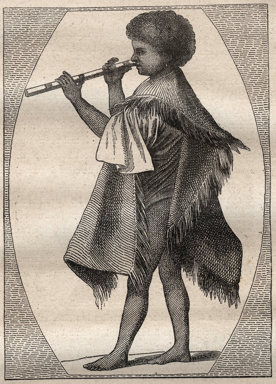 कप्तान जेम्स कुक (1728-1779) द्वारा पहली यात्रा (1768-1771): ताहिती बांसुरी वादक - "18 वीं शताब्दी के महान नाविक" से लिया गया चित्रण। द्वारा अज्ञात कलाकार