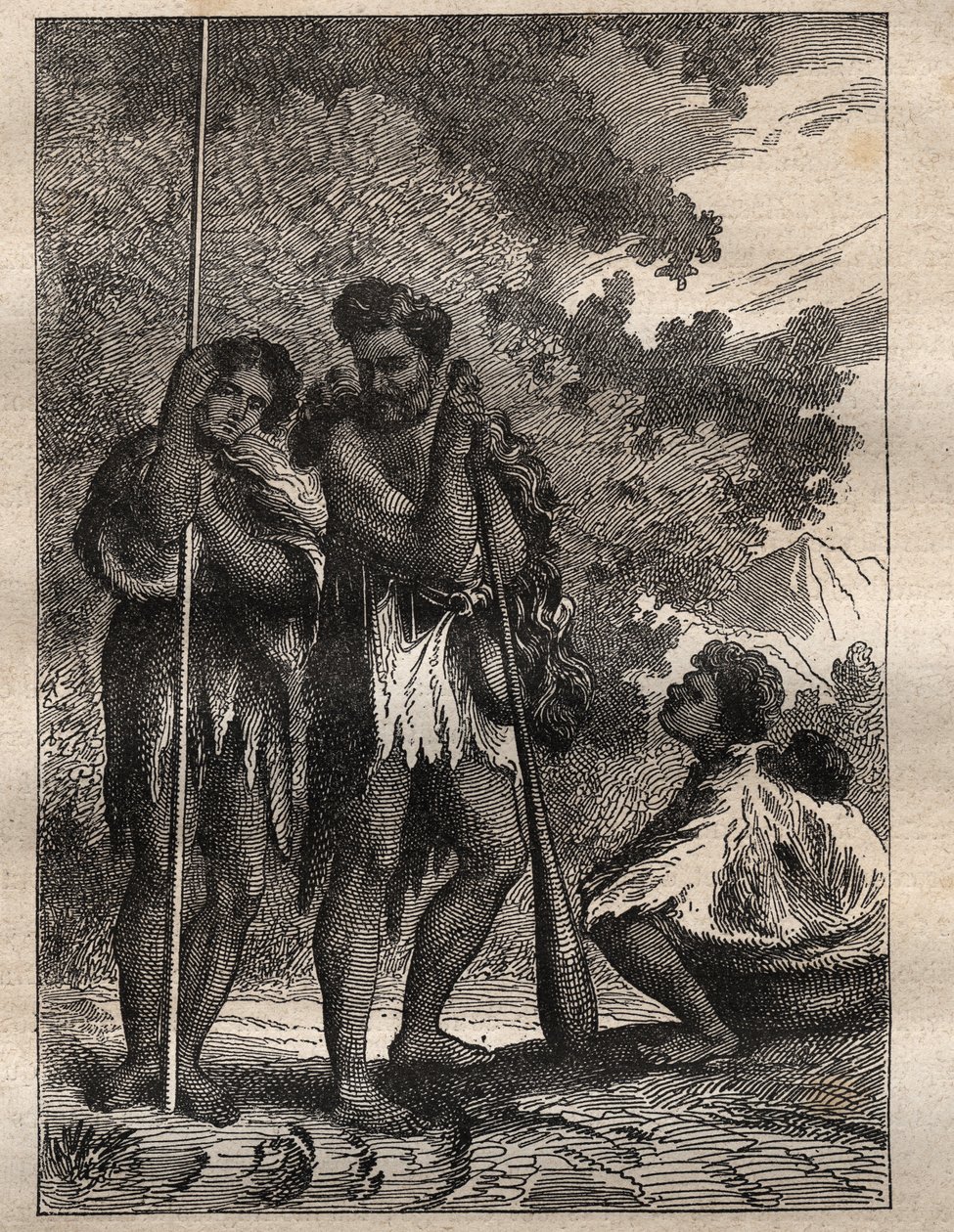 कैप्टन जेम्स कुक (1728-1779) द्वारा पहली यात्रा (1768-1771): एक नव-ज़ीलैंडन परिवार (नियो ज़ेलैंडाइज़) - "18 वीं शताब्दी के महान नाविक" से लिया गया चित्रण। द्वारा अज्ञात कलाकार