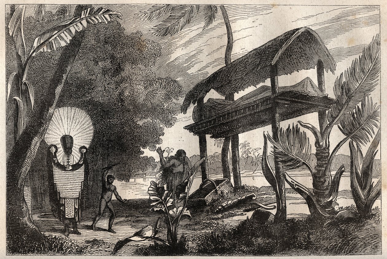 कैप्टन जेम्स कुक (1728-1779) की पहली यात्रा (1768-1771): एक फिया-टोका (फिया टोका), ताहिती की दफन इमारत - "18 वीं शताब्दी के महान नाविक" से लिया गया चित्रण। द्वारा अज्ञात कलाकार