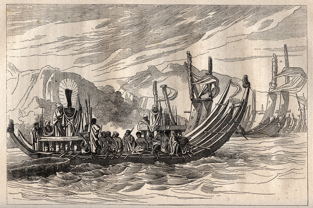 कप्तान जेम्स कुक (1728-1779) की पहली यात्रा (1768-1771): ताहिती बेड़ा ओपारी में इकट्ठा हुआ - "18 वीं शताब्दी के महान नाविक" से लिया गया चित्रण। द्वारा अज्ञात कलाकार