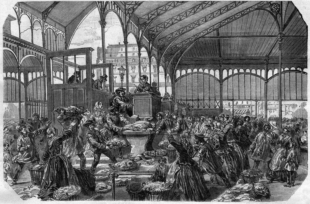 मछली बाजार - 1870 में पेरिस में थोक मछली बाजार द्वारा अज्ञात कलाकार