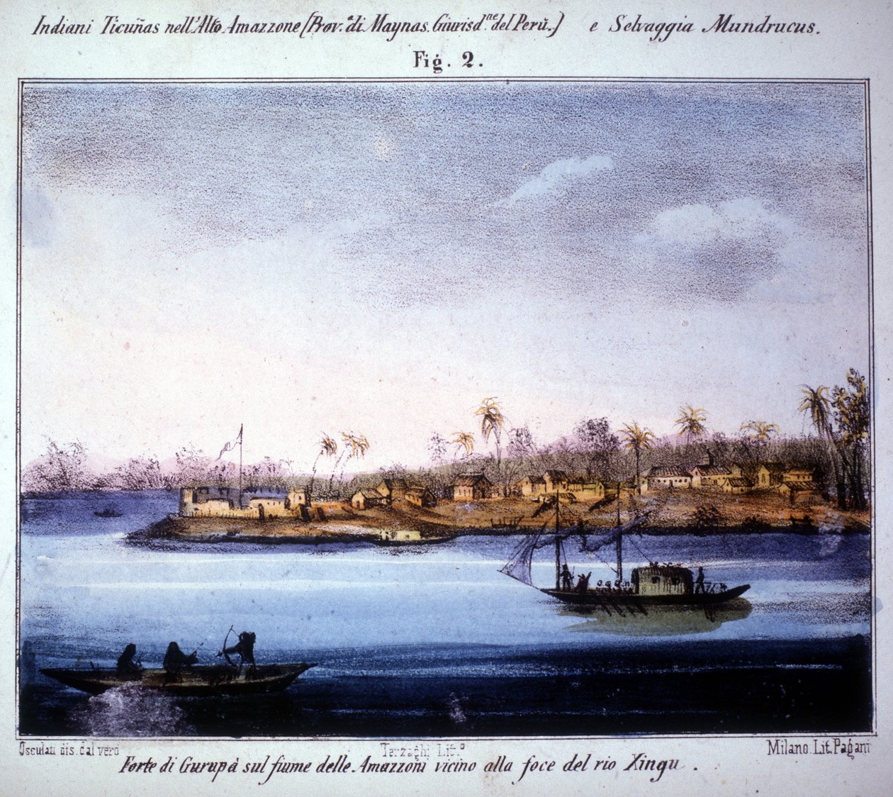 इक्वाडोर में रियो ज़िंगू के मुहाने के पास, अमेज़न नदी पर गुरुपी का किला। 1846 - 1848 से उत्कीर्णन। द्वारा अज्ञात कलाकार