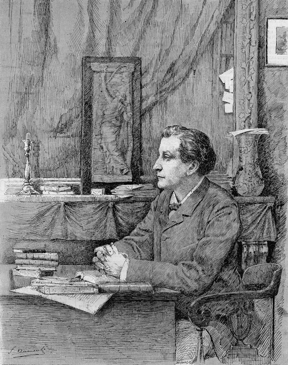 फ़्राँस्वा कोपी (1842-1908), फ्रांसीसी कवि और नाटककार। एमएफ Desmoulins.1885 द्वारा ड्राइंग। द्वारा अज्ञात कलाकार