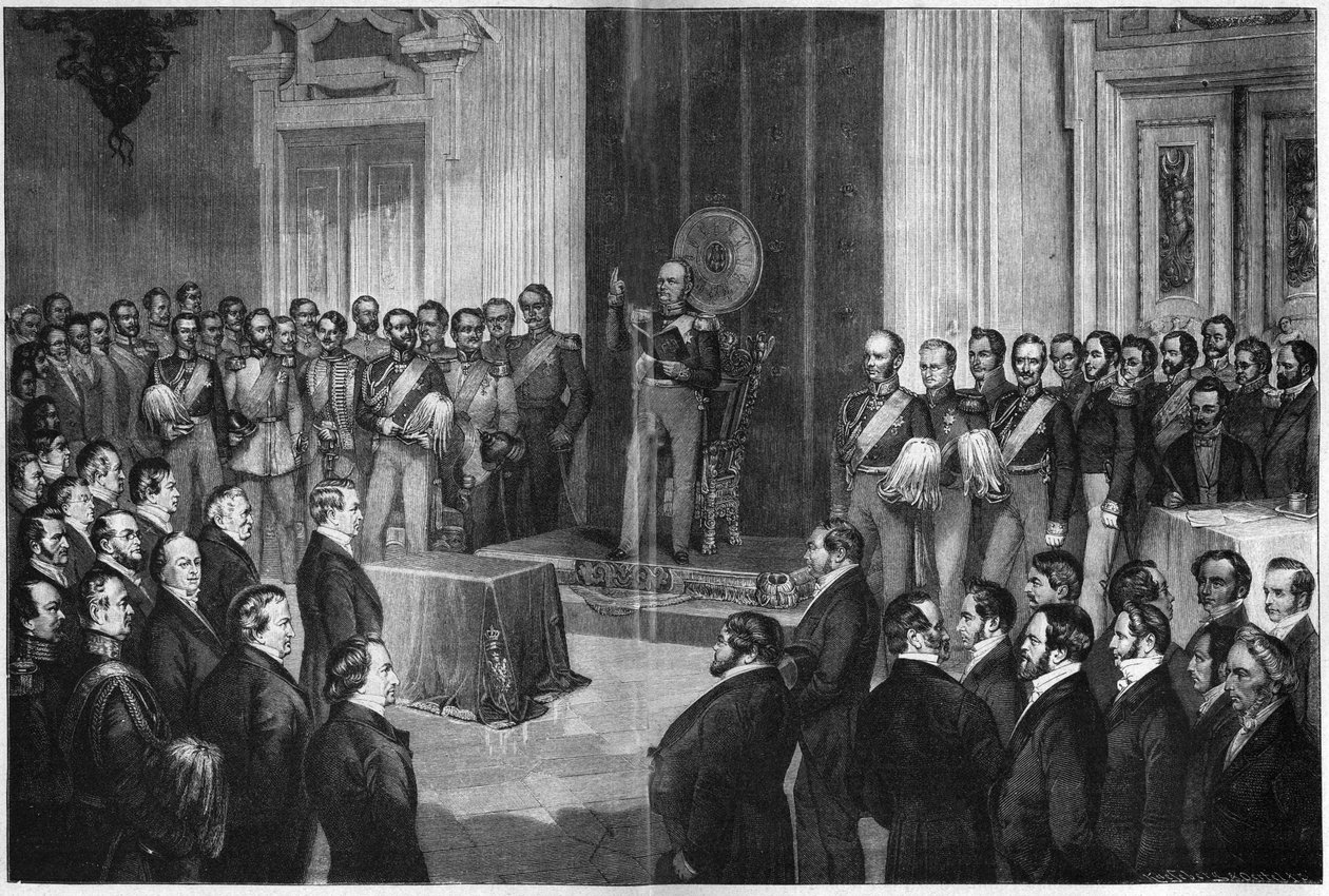 फ्रेडरिक विलियम IV (1795-1861), प्रशिया के राजा, संविधान की शपथ, 6 फरवरी 1850, पॉल बुएर्डे के बाद लकड़ी की नक्काशी द्वारा अज्ञात कलाकार