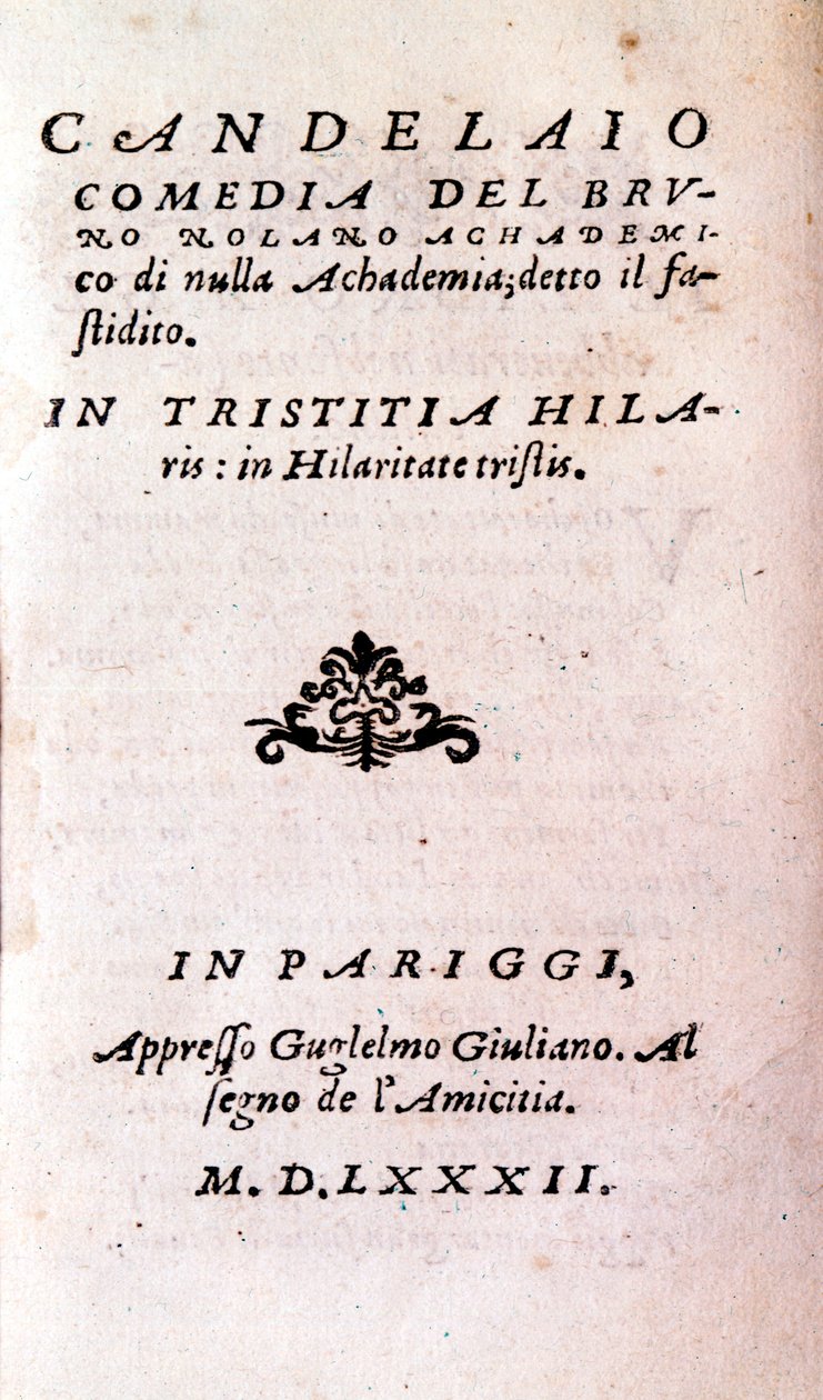 Giordano Bruno (1546-1600), इतालवी दार्शनिक और धर्मशास्त्री द्वारा "" Il candelaio"" (द कैंडलस्टिक) का फ्रंटस्पाइस। १५८२ द्वारा अज्ञात कलाकार