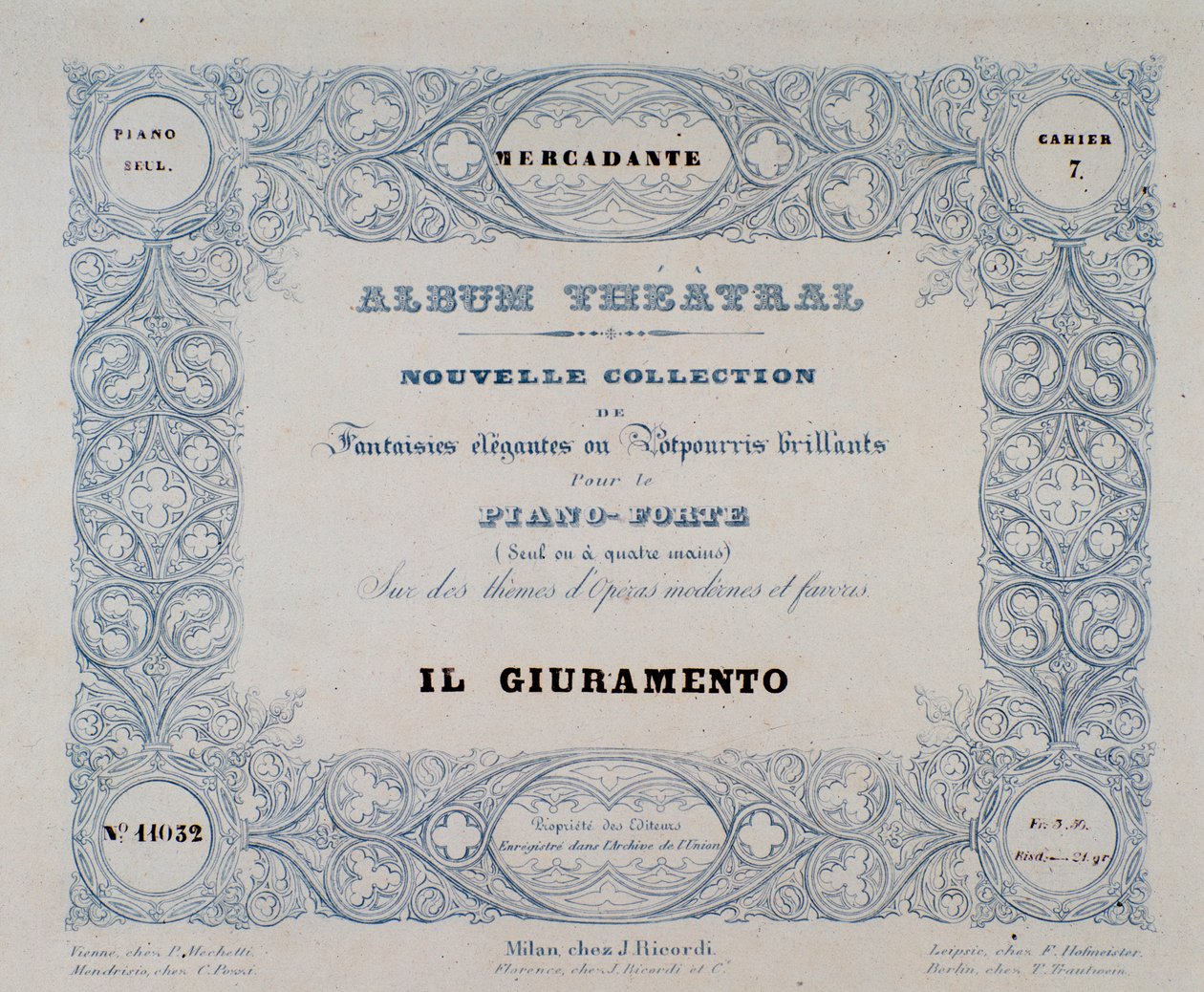 Mercadante (1837) द्वारा ओपेरा Il Giuramento का फ्रंटस्पाइस द्वारा अज्ञात कलाकार