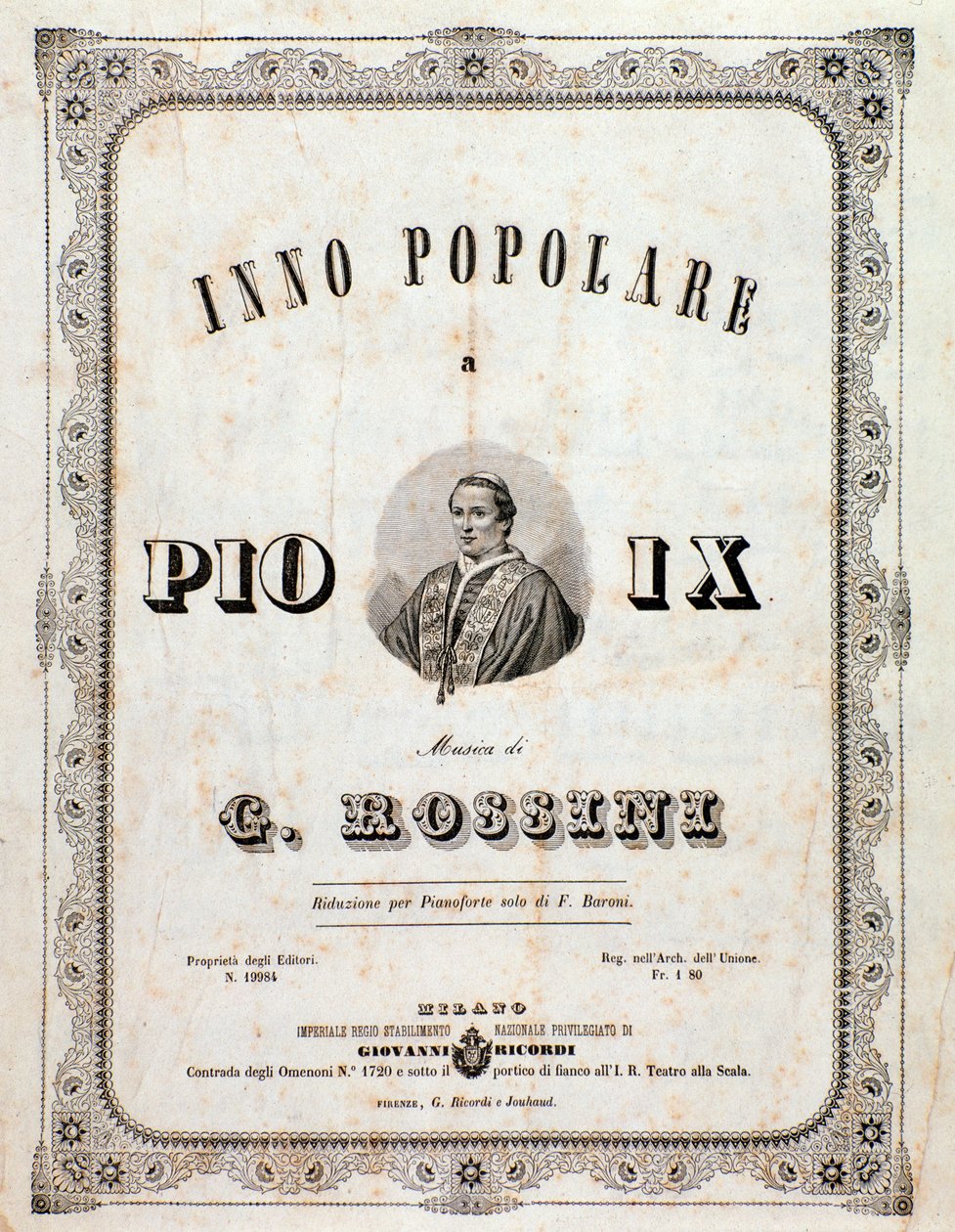 संगीत स्कोर का अग्रभाग Gioacchino Rossini . द्वारा पायस IX के लिए लोकप्रिय भजन द्वारा अज्ञात कलाकार