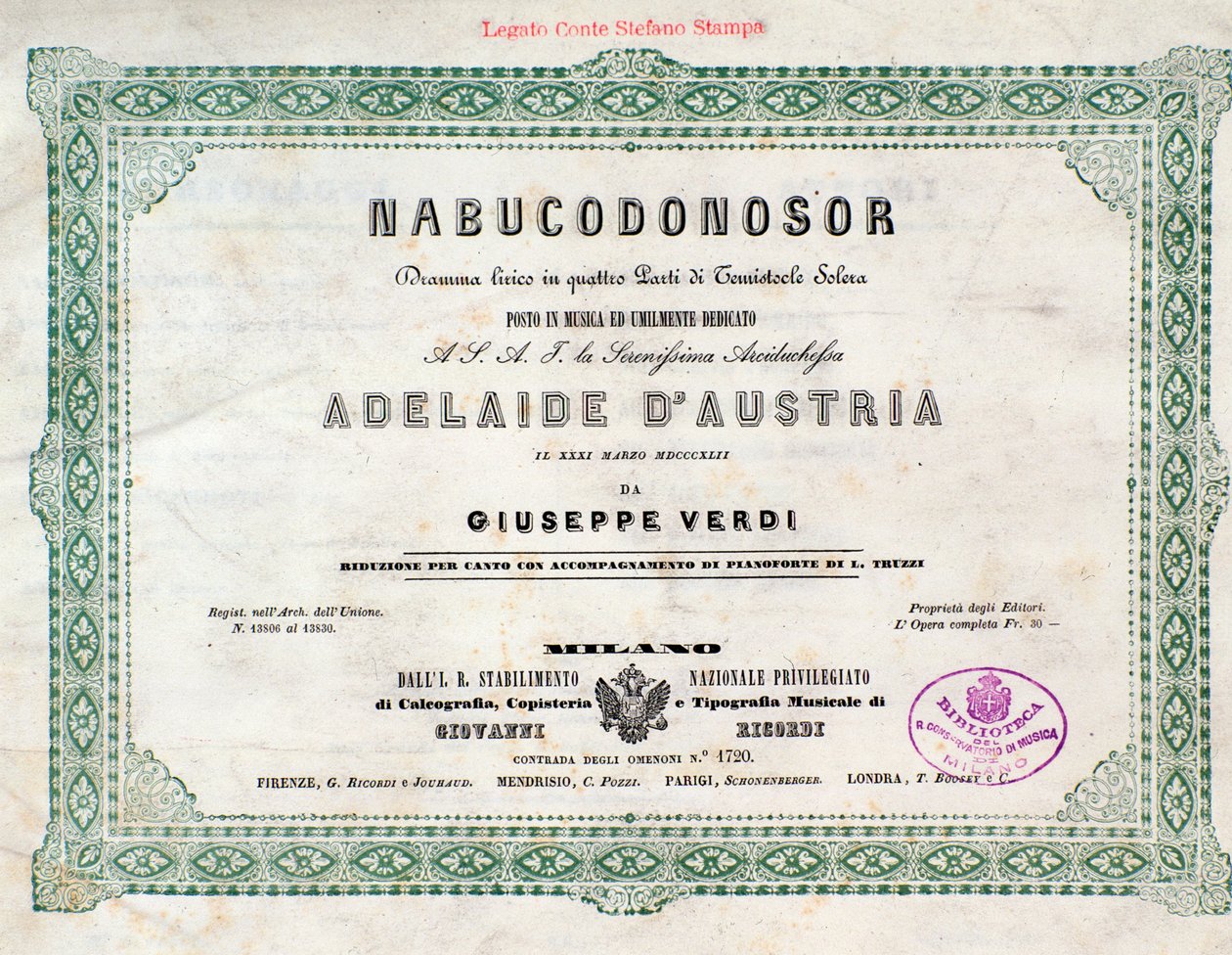 Giuseppe Verdi . द्वारा Nabucco ओपेरा के संगीत स्कोर का अग्रभाग द्वारा अज्ञात कलाकार