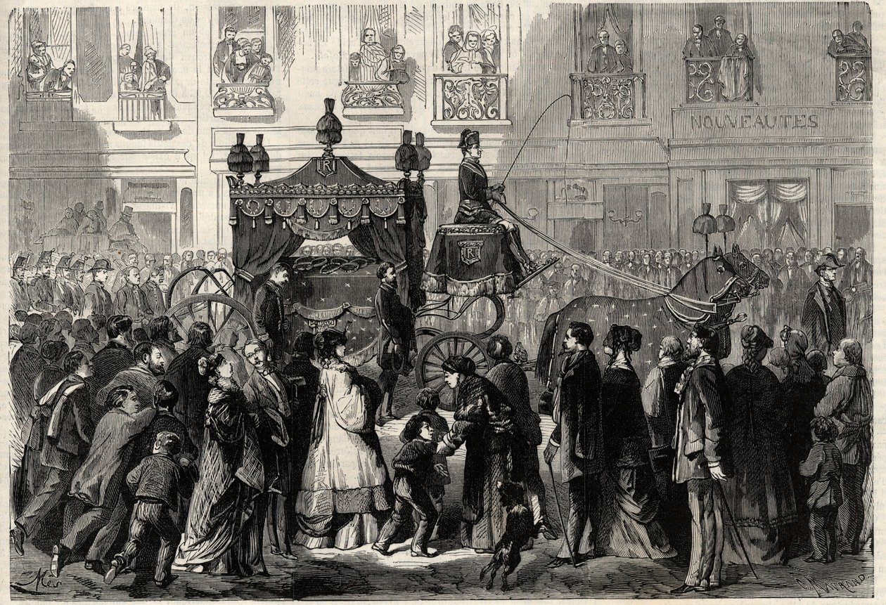 पेरिस में Gioacchino (Gioachino) Rossini (1799-1868) के सम्मान के दौरान फ्यूनरी कोर्टेज। "ब्रह्मांड शानदार" में उत्कीर्णन द्वारा अज्ञात कलाकार