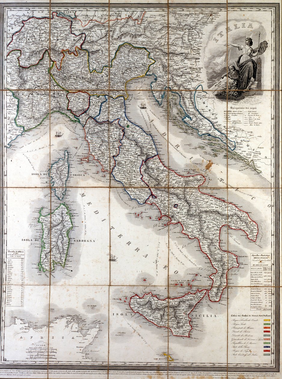 1850 में विभिन्न राज्यों की सीमाओं के परिसीमन के साथ इटली का भौगोलिक मानचित्र जो रिसोर्गिमेंटो से पहले देश बना। द्वारा अज्ञात कलाकार