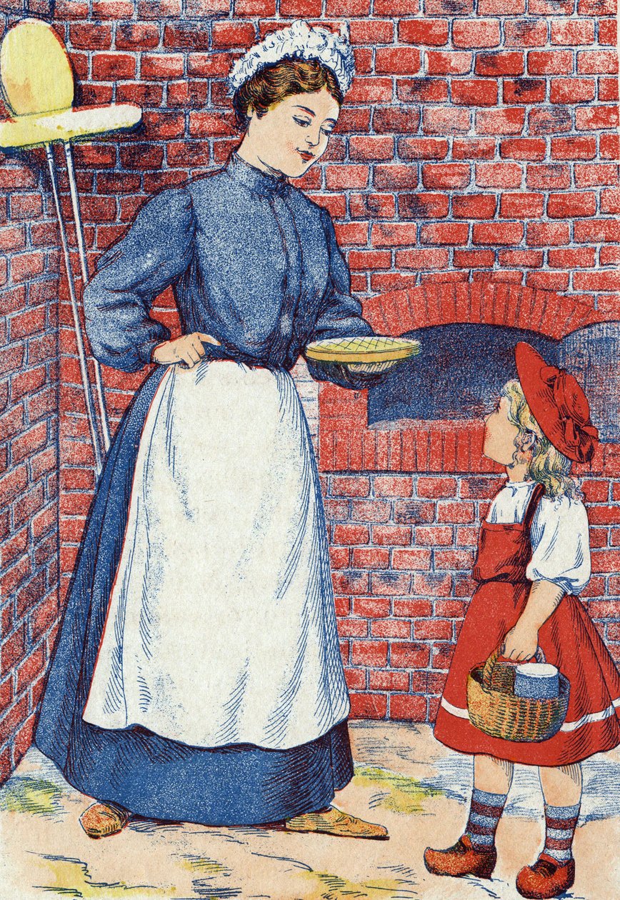 जाओ उस केक और मक्खन के उस बर्तन को अपनी दादी के पास ले जाओ। फ्रांसीसी लेखक चार्ल्स पेरौल्ट (1628-1703) की कहानी "द लिटिल रेड राइडिंग हूड" के लिए बेनामी चित्रण। इमेजरी मार्सेल वाग्ने, जारविल नैन्सी, अदिनांकित (19वीं सदी के अंत में)। द्वारा अज्ञात कलाकार