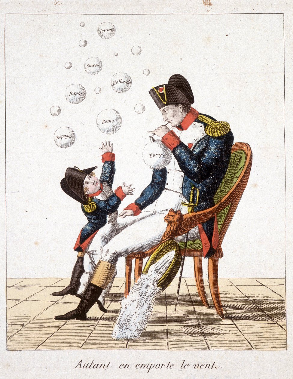 हवा के साथ चला गया: नेपोलियन टस्कनी, स्विट्ज़रलैंड, हॉलैंड, नेपल्स, रोम, स्पेन और यूरोप से साबुन के बुलबुले बना रहा है - "" नेपोलियन प्रथम, कैरिकेचर, डमी संग्रह" में, सी। १८१४ द्वारा अज्ञात कलाकार