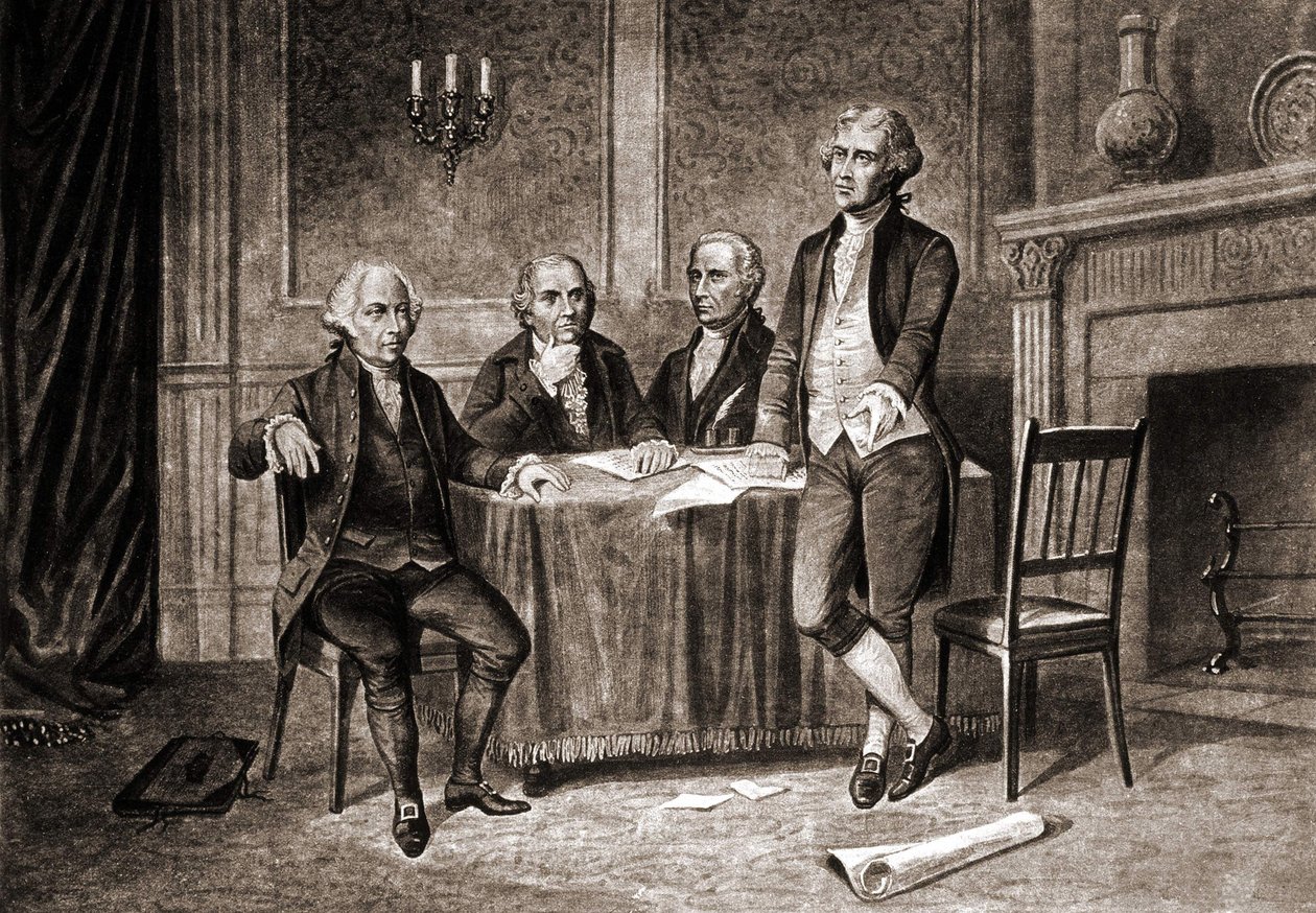 एडम्स, हैमिल्टन और जेफरसन के साथ गवर्नर मॉरिस (1752-1816)। द्वारा अज्ञात कलाकार