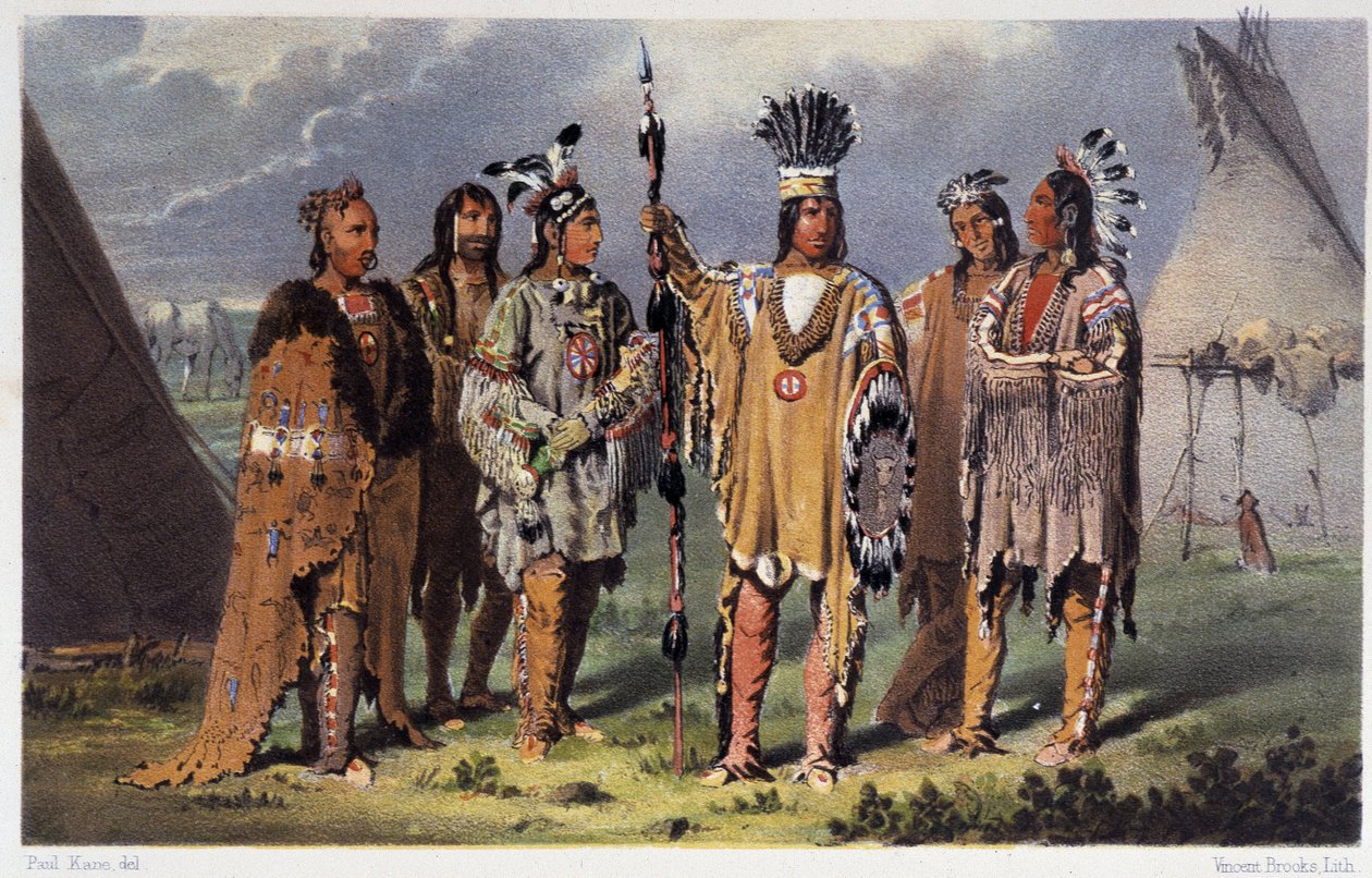 छह भारतीय प्रमुखों का समूह - पॉल केन, लॉन्गमैन्स एंड रॉबर्ट्स, लंदन द्वारा "" उत्तरी अमेरिका के भारतीयों के बीच एक कलाकार का भटकना"" में द्वारा अज्ञात कलाकार