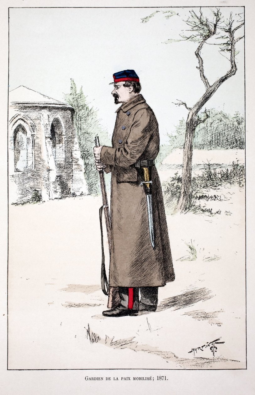 गार्जियंस ऑफ़ द पीस मोबिलिज़ (1871)। रंगों में नक़्क़ाशी, चित्रण के लिए "" हिस्टोइरे डू कॉर्प्स डेस गार्डियन्स डे ला पैक्स "" "पुस्तक लुई लेपिन (1846-1933) के तत्वावधान में सीन की पुलिस प्रीफेक्ट, अल्फ्रेड रे (1864-?) और लुई एफ द्व द्वारा अज्ञात कलाकार