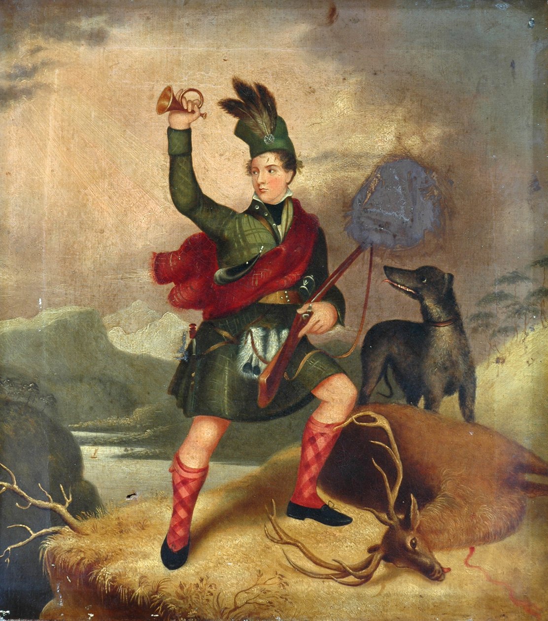 डॉग एंड डेड डियर के साथ हाइलैंड हंटर, c.1850 द्वारा अज्ञात